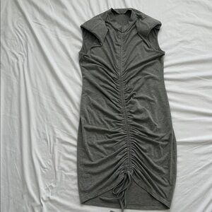 Gray Ruched Bodycon Midi Dress with Shoulder Pads -  Size L